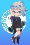  1girl absurdres aqua_background aqua_eyes aqua_hair aqua_shirt black_footwear black_jacket blue_background gradient gradient_background hero_blaster_(splatoon) highres ink_tank_(splatoon) inkling inkling_girl jacket looking_at_viewer mikoshiba_m pointy_ears shirt shoes short_hair skull-shaped_hat sleeves_past_wrists smile sneakers splatoon_(series) tentacle_hair 