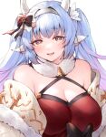  1girl animal_ears bangs bare_shoulders blue_hair blush breasts catura_(granblue_fantasy) cleavage cow_ears cow_girl cow_horns draph dress granblue_fantasy hairband horns koretsuki_azuma large_breasts long_hair looking_at_viewer open_mouth pointy_ears red_dress smile solo twintails 