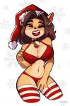  2022 4_fingers activision alyssa_bandicoot_(oc) anthro artist_name bandicoot beauty_mark bell big_breasts black_hair black_nose blush bra breasts choker christmas christmas_clothing christmas_headwear cleavage clothed clothing crash_bandicoot_(series) eyebrows fan_character female fingers hair half-closed_eyes hat headgear headwear hi_res holidays jewelry legwear looking_at_viewer magaska19 mammal marsupial midriff narrowed_eyes navel necklace notched_ear open_mouth open_smile panties pattern_clothing pattern_legwear pattern_stockings santa_hat short_hair smile solo stockings striped_clothing striped_legwear striped_stockings stripes teeth thigh_highs underwear video_games 