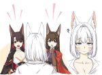  3girls :d ? akagi_(azur_lane) amagi_(azur_lane) animal_ears azur_lane black_kimono blue_eyes breasts brown_hair cleavage confused covering_mouth expressionless eyeshadow facepaint facing_viewer fang fox_ears fox_girl frown hand_up highres japanese_clothes kaga_(azur_lane) kimono kitsune large_breasts long_hair looking_at_another makeup medium_breasts medium_hair multiple_girls multiple_views oukama prank purple_eyes red_eyes red_kimono sleepwear sleepy smile staring surprised upper_body very_long_hair white_hair 