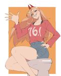  1girl absurdres arm_up chainsaw_man cross-shaped_pupils hair_between_eyes hand_on_hip head_tilt highres horns looking_at_viewer pink_sweater power_(chainsaw_man) red_horns sharp_teeth shorts sitting smile solo sweater symbol-shaped_pupils teeth toilet_seat torn_clothes torn_shorts two-tone_background void_dot_exe waving yellow_eyes 