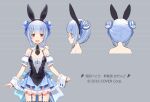  1girl :d animal_ears animal_on_shoulder bangs blue_bow blue_hair bow breasts detached_sleeves don-chan_(usada_pekora) double_bun fake_animal_ears garter_straps hair_bow hair_bun hikosan hololive looking_at_viewer multicolored_hair multiple_views necktie puffy_short_sleeves puffy_sleeves rabbit_ears red_eyes short_hair short_necktie short_sleeves sleeves_past_wrists small_breasts smile standing thick_eyebrows two-tone_hair usada_pekora virtual_youtuber white_hair 