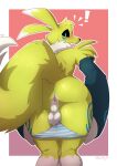  absurd_res anthro anus armwear artbyyellowdog bandai_namco bent_over black_sclera blue_eyes bridal_gauntlets butt clothing digimon digimon_(species) fur hi_res koda_the_renamon male panties pink_background rear_view renamon simple_background solo underwear undressing yellow_body yellow_fur 