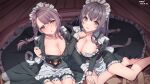  2girls absurdres apron azur_lane black_dress blue_eyes blush braid breasts brown_hair cleavage curacoa_(azur_lane) curlew_(azur_lane) dated dress foot_out_of_frame frilled_apron frills grey_eyes hair_between_eyes highres indoors lace-trimmed_hairband lace_trim large_breasts long_hair long_sleeves looking_at_viewer maid_apron maid_headdress multiple_girls pulled_by_self side_braid signature sunebu_(snake_boo2) two-tone_dress white_apron white_dress wooden_floor 