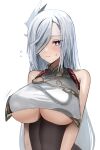  1girl bare_shoulders blue_eyes breasts commentary_request genshin_impact hair_ornament hair_over_one_eye highres large_breasts long_hair looking_at_viewer raw_egg_lent shenhe_(genshin_impact) sleeveless solo underboob upper_body very_long_hair white_hair 