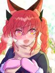  1girl :d absurdres alternate_costume animal_ears blush braid cat_ears extra_ears fangs highres kaenbyou_rin kiritanpo117 mittens open_mouth orange_eyes red_eyes red_hair scarf signature smile solo steam_from_mouth touhou tsurime twin_braids watermark yellow_scarf 