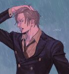  1boy absurdres blonde_hair buttons collared_shirt curly_eyebrows facial_hair from_side frown goatee hair_over_one_eye hand_in_own_hair highres looking_at_viewer loose_necktie male_focus necktie no.6_(numberr_6) one_piece sanji_(one_piece) shirt short_hair solo upper_body wet wet_hair 