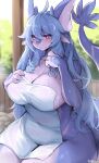  1girl absurdres ahoge animal_ears blue_hair blurry blurry_background blush borrowed_character breasts cleavage furry furry_female hair_between_eyes highres large_breasts long_hair looking_at_viewer naked_towel original pink_eyes solo suurin_(ksyaro) tail thighs towel twitter_username wet 