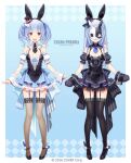  1girl :d animal_ears animal_hands animal_on_shoulder bangs black_dress blue_hair breasts bunny_mask detached_sleeves don-chan_(usada_pekora) dress fake_animal_ears fishnet_thighhighs fishnets garter_straps gloves hat high_heels highres hikosan hololive long_hair looking_at_viewer mask medium_hair mini_hat mini_top_hat multicolored_hair multiple_views necktie paw_gloves puffy_short_sleeves puffy_sleeves rabbit_ears red_eyes short_necktie short_sleeves sleeves_past_wrists small_breasts smile standing thick_eyebrows thighhighs top_hat twintails two-tone_hair usada_pekora virtual_youtuber white_hair 