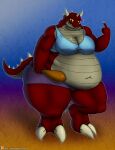  absurd_res anthro belly big_belly big_breasts bottomwear breasts butt clothing deep_navel digital_media_(artwork) dragon female food gesture hi_res horn huge_thighs if_hell_had_a_taste meat middle_finger multicolored_body multicolored_scales navel non-mammal_breasts obese obese_anthro obese_female overweight overweight_anthro overweight_female pepper_crush red_body red_scales scales shorts solo thick_thighs topwear two_tone_body two_tone_scales viroveteruscy yellow_sclera 