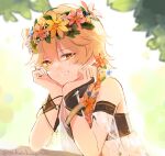  1boy aether_(genshin_impact) androgynous blonde_hair braid braided_ponytail flower genshin_impact hair_flower hair_ornament hands_on_own_face head_wreath highres looking_at_viewer male_focus pink_flower sakusakuagetate smile solo twitter_username upper_body yellow_eyes yellow_flower 