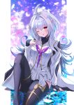  1girl ;p absurdres ahoge bangs black_gloves black_pantyhose commentary_request dress fate/grand_order fate_(series) feet_out_of_frame fingerless_gloves gloves grey_hair hair_between_eyes hair_intakes highres knee_up long_hair long_sleeves looking_at_viewer merlin_(fate) one_eye_closed pantyhose pointy_ears red_eyes shibakame sitting solo tongue tongue_out very_long_hair white_dress 