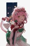  1girl :d absurdres animal_ears arknights bow candy candy_cane cat_ears cat_girl cat_tail christmas cowboy_shot fingerless_gloves floppy_ears floral_print flower food fur-trimmed_sleeves fur_trim gloves goldenglow_(arknights) goldenglow_(night_loving_servant)_(arknights) green_bow green_sweater hairband hand_up highres long_hair long_sleeves looking_at_viewer mumi_(mumicarbonic) official_alternate_costume open_mouth overalls pink_hair poinsettia print_hairband red_bow red_gloves red_hairband smile sweater tail tail_bow tail_ornament twitter_username white_bow white_overalls wide_sleeves yellow_eyes 