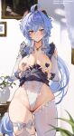  1girl ahoge alternate_costume apron apron_lift ass_visible_through_thighs asymmetrical_legwear bangs black_apron blue_hair blush bow breasts bridal_garter closed_mouth clothing_cutout covered_navel covered_nipples fanbox_username frilled_apron frilled_garter frills ganyu_(genshin_impact) genshin_impact gradient_eyes hair_between_eyes heart heart_necklace heart_pasties highleg highres horns indoors jewelry large_breasts leotard lifted_by_self long_hair long_sleeves looking_at_viewer low_ponytail multicolored_eyes navel necklace painting_(object) pasties patreon_username plant ponytail purple_eyes shoulder_cutout shrug_(clothing) sidelocks simao_(x_x36131422) skindentation smile solo table thick_thighs thighhighs thighs underwear uneven_legwear vase very_long_hair waist_apron white_bow white_leotard white_sleeves white_thighhighs 
