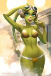  2022 absurd_res alien alien_humanoid anthro bikini breasts clothing dinmoney eyebrows eyelashes eyewear eyewear_on_head female glistening glistening_breasts goggles goggles_on_head green_body green_eyes green_skin hera_syndulla hi_res humanoid lekku_(anatomy) lips looking_at_viewer navel not_furry open_mouth portrait solo star_wars star_wars_rebels sun swimwear three-quarter_portrait twi&#039;lek 