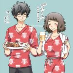  1boy 1girl amamiya_ren bath_yukata black_hair black_shorts blush brown_hair closed_eyes closed_mouth collarbone cowboy_shot cup facing_another food gorojiro_(goro5626) hands_up holding holding_cup holding_plate holding_towel japanese_clothes kawakami_sadayo kimono light_blue_background medium_hair open_mouth persona persona_5 plate print_kimono print_shirt red_kimono rice rope semi-rimless_eyewear shirt short_hair shorts sleeves_past_elbows teacher_and_student towel towel_around_neck translation_request twitter_username white_rope yukata 