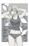  1girl adjusting_hair arms_behind_head arms_up blackhiro6 book book_stack border breasts chainsaw_man cleavage eyepatch falling_books grey_hair grey_tank_top greyscale highres long_hair looking_at_viewer medium_breasts midriff monochrome panties ponytail quanxi_(chainsaw_man) sideways_glance solo tank_top underwear white_border 