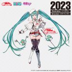  belt bird blue_hair breasts collar duck flag goodsmile_company goodsmile_racing hair_ornament hat hatsune_miku medium_breasts necktie racing_miku racing_miku_(2023) simple_background skirt smile thighhighs toridamono twintails white_background 