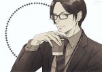  1boy black-framed_eyewear black_hair black_necktie black_suit cup disposable_cup formal glasses holding holding_cup kazuki_sara lanyard looking_at_viewer male_focus necktie ryman&#039;s_club solo striped_necktie suit tachibana_azuma upper_body white_background 