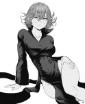  1girl absurdres alternate_breast_size arm_support bangs blush breasts closed_mouth collared_dress curly_hair dress floating floating_rock full_body grey_background greyscale hand_on_own_thigh highres large_breasts looking_at_viewer monochrome no_panties one-punch_man pelvic_curtain short_hair signature simple_background sitting solo speedl00ver tatsumaki thighs 