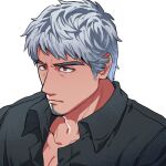  1boy bara character_request collared_shirt facial_hair goatee grey_hair husagin looking_up male_focus mature_male partially_unbuttoned pectoral_cleavage pectorals portrait ryuu_ga_gotoku_(series) shirt short_hair sideburns solo thick_eyebrows 