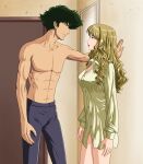  1boy 1girl absurdres bangs blonde_hair blue_eyes brown_eyes couple cowboy_bebop green_eyes hetero highres julia_(cowboy_bebop) nekro-comix non-web_source spike_spiegel topless_male 