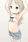  1girl armpits arms_up bikini bikini_top_only blue_eyes blush breasts brown_hair child cutoffs denim denim_shorts female_child grey_background highres long_hair nanoningen_(anapoko) navel original short_shorts shorts simple_background small_breasts solo swimsuit white_bikini 