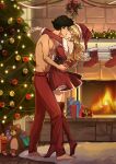  1boy 1girl absurdres bangs blonde_hair christmas cowboy_bebop fireplace green_eyes hat highres julia_(cowboy_bebop) kiss mistletoe non-web_source nyaco33 santa_hat spike_spiegel topless_male 