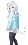  1girl :t animal_ear_fluff animal_ears anz32 bangs black_thighhighs blue_eyes blue_shirt blush cat_ears cat_girl cat_tail closed_mouth ears_down from_behind hair_between_eyes long_hair long_sleeves looking_at_viewer looking_back original outline pout shirt shirt_tug simple_background sleeves_past_wrists solo tail thighhighs twitter_username white_background white_hair white_outline 