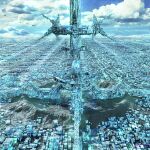  absurdres aircraft airship blue_sky building city cloud highres mountain no_humans original science_fiction sky skyscraper tajima_haruki 