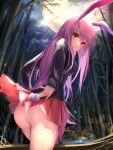  1girl absurdres animal_ears back bamboo bamboo_forest bangs blush breasts forest full_moon highres long_hair looking_at_viewer moon nature night nyome991 outdoors panties parted_lips pleated_skirt purple_hair rabbit_ears rabbit_tail red_eyes reisen_udongein_inaba skirt solo tail touhou underwear white_panties 
