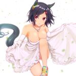  1girl animal_ears ayame_iro_(toumei_dolce) bandaid bandaid_on_face bangs bare_shoulders black_hair blurry blurry_background breasts cleavage dress elbow_gloves gloves highres horse_ears horse_girl horse_tail jewelry knee_up looking_at_viewer medium_breasts necklace one_knee parted_bangs parted_lips red_eyes shoes short_hair skirt_hold sneakers solo strapless strapless_dress tail umamusume white_dress white_gloves winning_ticket_(umamusume) 