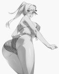 1girl ass ass_focus asymmetrical_hair bikini blush breasts bun_cover cameltoe commentary covered_nipples embarrassed fate/grand_order fate_(series) from_behind from_below furrowed_brow grey_background greyscale hair_bun large_breasts leaning_forward long_hair looking_at_viewer looking_back miyamoto_musashi_(fate) miyamoto_musashi_(swimsuit_berserker)_(fate) miyamoto_musashi_(swimsuit_berserker)_(second_ascension)_(fate) monochrome multi-strapped_bikini munashi_mujou open_mouth simple_background single_side_bun single_sidelock solo standing string_bikini striped striped_bikini swimsuit 