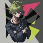  alternate_eye_color amami_rantarou bangs closed_mouth collarbone cropped_torso danganronpa_(series) danganronpa_v3:_killing_harmony ear_piercing earrings frown green_eyes green_hair heterochromia jewelry long_sleeves male_focus multicolored_background nantoka_aida necklace piercing pink_eyes shirt short_hair striped striped_shirt upper_body 