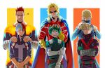  6+boys :d all_might artist_name bakugou_katsuki bangs belt best_jeanist black_bodysuit blonde_hair blue_bodysuit blue_cape blue_eyes blue_jacket blue_pants bodysuit boku_no_hero_academia brown_belt brushing_another&#039;s_hair brushing_hair cape clenched_teeth closed_mouth cowboy_shot elbow_gloves endeavor_(boku_no_hero_academia) facial_hair gloves green_bodysuit green_gloves green_hair grin hand_on_own_arm hands_on_another&#039;s_shoulders height_difference highres jacket long_sleeves looking_at_another midoriya_izuku multicolored_background multicolored_hair multiple_boys one_eye_closed own_hands_together pants pouch red_bodysuit red_cape red_hair shaded_face shiny shiny_hair short_hair smile squiggle stubble swept_bangs teeth todoroki_shouto trevo_(trevoshere) two-sided_cape two-sided_fabric two-tone_hair white_gloves white_hair yagi_toshinori 