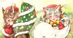  2girls animal_ear_fluff animal_ears brown_hair chipmunk_ears chipmunk_girl chipmunk_tail christmas christmas_present coroha dress extra_ears fox_ears fox_girl gift grey_hair hair_ornament hat island_fox_(kemono_friends) kemono_friends kemono_friends_v_project long_hair multiple_girls open_mouth orange_hair santa_dress santa_hat short_hair siberian_chipmunk_(kemono_friends) simple_background smile tail virtual_youtuber 