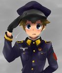  blue_eyes blush brown_hair gradient gradient_background inazuma_eleven inazuma_eleven_(series) male male_focus salute solo tachimukai_yuuki uniform 