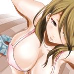 armpits bare_shoulders blush bra breasts brown_eyes brown_hair cleavage dutch_angle extra from_above hair_over_one_eye k-on! large_breasts lingerie long_hair open_mouth pink_bra sakayama_shinta skirt solo tachibana_himeko underwear undressing 