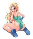  ass bare_shoulders blonde_hair blue_eyes blush celes_chere female final_fantasy final_fantasy_vi full_body headband kihaiu leotard long_hair looking_back natural_wedgie sitting solo wedgie white_background wristband 