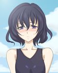  bare_shoulders black_hair blush breasts cloud cloudy_sky collarbone day magari_(senjou_no_valkyria) nose_blush one-piece_swimsuit purple_eyes school_swimsuit senjou_no_valkyria senjou_no_valkyria_2 short_hair sky small_breasts solo swimsuit syou_(crecre) 