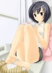  barefoot black_eyes black_hair book cat cup cushion feet highres legs mug reading sakamoto_dai short_hair shorts solo 