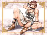  bamboo_(artist) bare_shoulders belt big_breasts bracelet breasts brown_hair choker cleavage female full_body gensou_suikoden gensou_suikoden_ii green_eyes high_heels highres jewelry kitamura_(bamboo) loincloth muscle muscular oulan red_hair short_hair sitting solo suikoden suikoden_ii wristband 