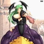  abs breasts capcom crush darkstalkers extreme_muscles female hand_on_breast hand_on_thigh huge_thighs morrigan_aensland muscle muscles muscular muscular_female pillar ren_(tainca2000) rentb sitting stone vampire_(game) 