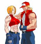  1boy 1girl abs belt blonde_hair blue_eyes blue_mary blue_pants breasts daigos_the_awfulian denim fingerless_gloves gloves impossible_clothes impossible_clothing impossible_shirt jeans king_of_fighters muscle muscular muscular_female pants pony_tail ponytail red_hat red_shirt shirt short_hair small_red_shirt snk spandex terry_bogard 
