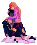  1girl commentary couple gauntlets hetero innera karin_(naruto) long_hair naruto naruto_(series) naruto_shippuuden red_eyes shirtless shorts uchiha_sasuke 