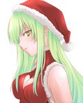  breasts c.c. cc christmas cleavage code_geass female green_hair hair_over_one_eye hat long_hair prime santa_costume santa_hat simple_background solo white_background yellow_eyes 