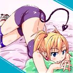  arcana_heart blonde_hair blue_eyes blush earrings fang jewelry lilica_felchenerow looking_at_viewer lowres lying natsumi_akira pointy_ears smile solo 
