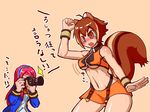  animal_ears antenna_hair bad_id bad_pixiv_id bare_shoulders blazblue bouncing_breasts breasts brown_eyes brown_hair camera clenched_hand crop_top long_hair makoto_nanaya medium_breasts midriff miniskirt multiple_girls navel orange_skirt red_hair revealing_clothes shima_p_(jojo) short_hair skirt squirrel_ears squirrel_tail tail tears translated tsubaki_yayoi underboob 