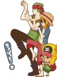  2boys antlers backpack bag bandanna black_hair boots green_hair haramaki hat helmet male male_focus monkey_d_luffy multiple_boys one_piece one_piece:_strong_world open_clothes open_shirt parody randoseru reindeer roronoa_zoro sandals scar shirt simple_background standing straw_hat t-shirt tony_tony_chopper v-neck yotsubato yotsubato! 