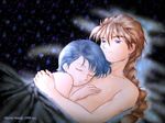  1998 bed blue_eyes blue_hair brown_hair couple cuddle cuddling duo_maxwell eyes_closed gundam gundam_wing hilde_schbeiker hotaka_hitomi hug love naked_sheet nude romantic signature 